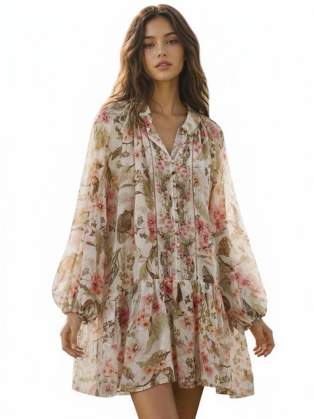 H&M Floral Button-Front Tunic Dress - Pink, Green & Cream